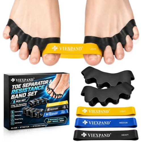 Viexpand Separador Dedos Pie 2 Pares Negros y 3 Bandas de Resistencia, Corrector de Juanetes de Silicona Suave para Estirar y Fortalecer los Dedos, para Mujeres y Hombres