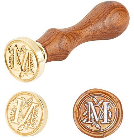 PandaHall Elite 1 Stück DIY Holz Wachs Siegel Stempel, Alphabet Sammelalbum Messing Briefmarken und Holzgriff Sets, Buchstabe M, 25x14mm; 75mm