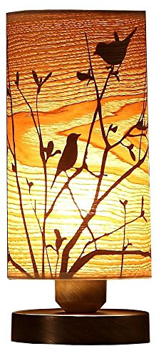 Bieye L30272 Vögel im Baum Holz Stil Tischlampe mit Holz Lampenschirm für Bett Schlafzimmer Wohnzimmer, zylinderförmig, 9-Zoll hoch