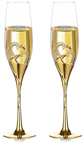 Nuptio Nozze Regalo Oro Bicchieri: Set di 2 Bicchieri Champagne Brindisi Flûte Cristallo Matrimonio Anniversario Feste