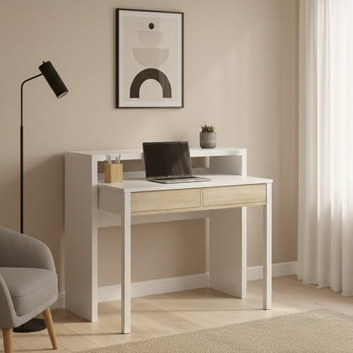 Dmora - Bureau Billings, Bureau PC avec plateau extensible, 2 tiroirs, 99x36h88 cm, Blanc et Chêne