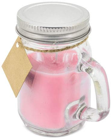 Lote de 25 Velas Aromáticas presentadas en simpática Jarrita de Cristal con asa y tapa metálica + Tarjeta Colgante. Velas para Detalles y recuerdos Bodas, Bautizos, Comuniones (Rosa)