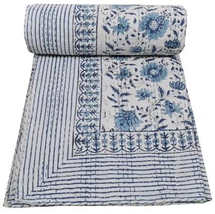 MAVISS HOMES Indian Hand Block Print Kantha Quilt Queen Size Quilt Kantha Bedspread White Quilt Cotton Kantha Throw Bedding (Twin 90 X 60 Inch, White)