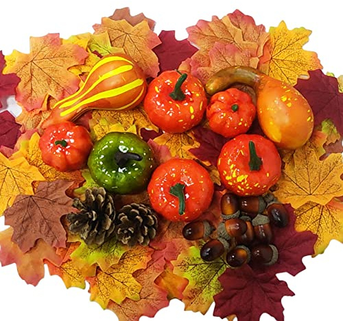 Künstliche Kürbisse Set, 50 Stück Herbst Kürbis Deko, Mini Simulationskürbis, Tannenzapfen Eicheln Ahornblatt Gefälschte, Realistic Kürbis Deko Thanksgiving für Herbstdeko Halloween Thanksgivin