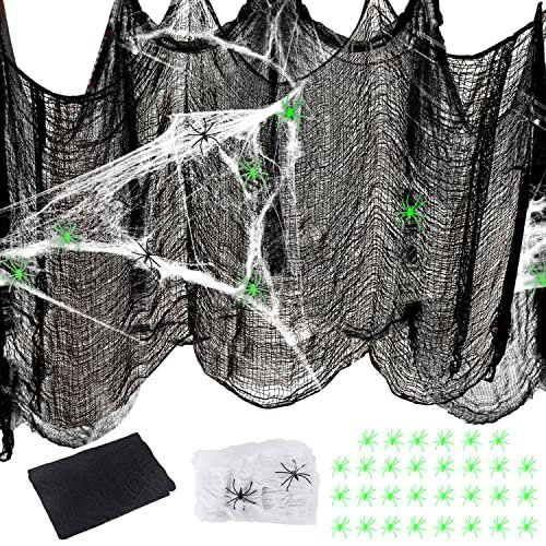 Halloween Deko Gruseliger Stoff,Jusduit Halloween Dekostoff Gruseliges Käsetuc 5Mx2M Gruseliges Tuch Schwarz mit Spinnennetz und Spinnen für Halloween Party Dekoration Haus,Garten,Kamin,Fenster,Türen