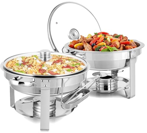 ROVSUN Chafing Dish Buffet-Set, Edelstahl, runde Chafers für Catering, Buffet-Server und Wärmer-Set mit Glasdeckel und Deckelhalter, dicker Ständerrahmen für Hochzeit, Party, Bankett, Veranstaltung, 5