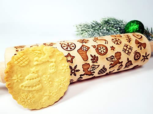 Rouleaux à pâtisserie gravé CADEAUX DE NOËL, Rouleaux en Bois avec Embossage Pour Biscuits et Céramiques par Agis Crafts
