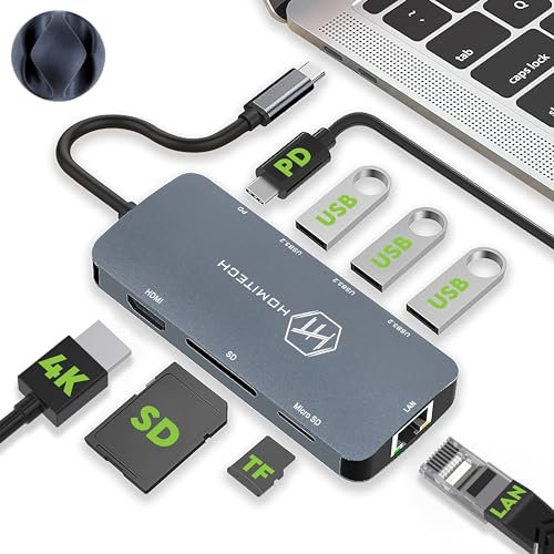 HomiTech HUB USB C 8 In 1 con 3 USB 3.2 10 Gbps,Adattatore USB C HDMI 4K,Ethernet Lan,SD,MicroSD,Ricarica Pd 100W,Docking Station USB C Compatibile MacBook Air/Pro 2023, Fermacavi Omaggio