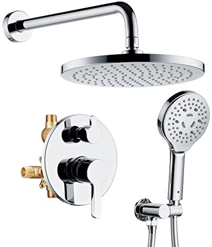 Lavatrum Bathroom Shower Faucet Set Wall Mounted Rainfall Shower System 10 Inches High Pressure Shower Head and Multifunctional Shower Handheld, Included Rough-in Valve and Trim Kit Polished Chrome