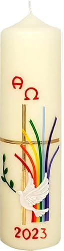 Osterkerze Kreuz, Regenbogen, Taube, A und O, Jahreszahl 270 x Ø 70 mm