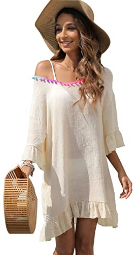 RPAEOY Damen Strandkleid mit Quasten Rüschen Baumwolle Sommer Strandponcho Boho Strandtunika Bikini Cover-Ups Strandurlaub Badeanzug Beachwear Sommerkleid Bademode Kurze Kleid (Beige)