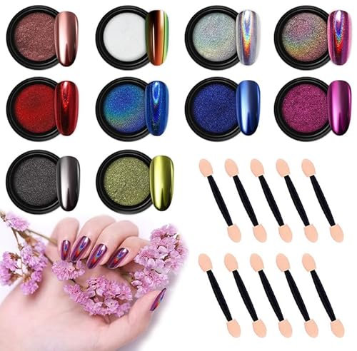 Kireida® 10 Stück verchromtes Nagelpulver mit metallischem Spiegeleffekt, mit Lidschattenstift, holografisches Aurora-Chamäleon-Pigment, 0.5 g/Glas- für Nagelkunst