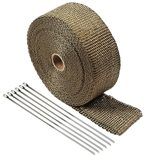TIHOOK Exhaust Wrap 15M x 5CM, Exhaust Tape, Exhaust Bandage, Exhaust Heat Wrap Tape, for Motorcycle Fiberglass Heat Shield Tape with 6PC Stainless Ties