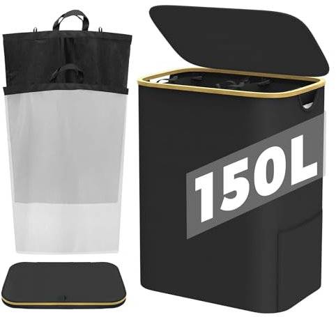 150L Wäschekorb mit 2 Fächer, Wäschekorb Groß mit Deckel, Wäschesammler mit Wäschetrenner, Herausnehmbaren und Waschbaren Innentaschen, Faltbarer Wäschesack für das Badezimmer (Schwarz)