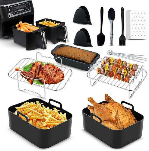 One Emporium 11-Piece Ninja Air Fryer Accessories Set, Racks and Liners | Includes 2 steel racks, silicone liners, pan, paper liners, oil brush, tongs and gloves for dual-basket air fryers.