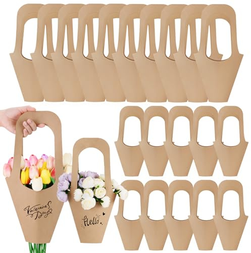 RETON 20 Stück Kraftpapier-Blumen-Geschenktüten, braune Blumenbeutel für Blumensträuße, kreative Kegelblumen-Geschenktüten für Zuhause, Floristen, Hochzeitsdekoration (2 Größen)