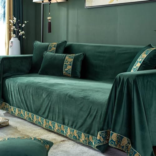 AMDXD Überwurfdecke, Einfarbig mit Wolken Ränder Muster Sesselbezug Sitzer, Waschbarer, Kratzfester rutschfest Sofahusse in Plüsch Anti-Rutsch-Couch - 190x350CM, Grün