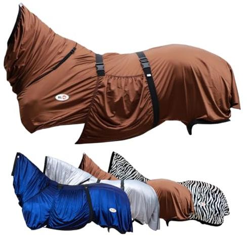 RL24 - Ekzemerdecke mit Halsteil & Bauchlatz – in Hellbraun – 135cm | Fliegendecke zum Schutz vor Insekten – feinmaschiges Gewebe, doppelter Frontverschluss & Beinschnüre – Pferdedecke