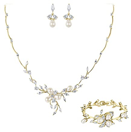 EVER FAITH Zirkon Simulierte Perle Blume Blatt Filigrane Halskette Ohrringe Armband Set Klar