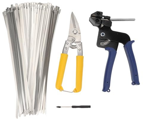 Metall-Kabelbinder-Werkzeug, Robustes Edelstahl-Kabelbinder-Werkzeug-Set mit 100 Stück Metallbindern für den Außenbereich, Edelstahl, Verstellbar, Schneider, Ideal für