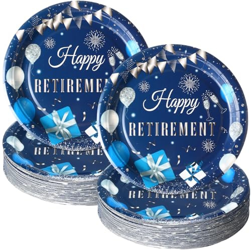 Potchen 100 Pcs Retirement Paper Plates Blue and Silver Happy Retirement Party Decoration 7 Inch Disposable Dessert Cake Plates Tableware Party Favors Supplies for Men Women Say Goodbye