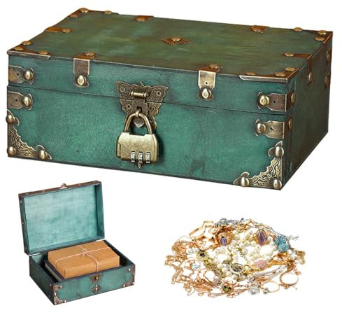 Mineup Vintage Holz Schatztruhe, Holz Aufbewahrung Schatzkiste mit Zahlenschloss, Schatzkiste Holz mit Schloss, Schatztruhe Kinder für Aufbewahrung Dekoration Kindergeburtstag(24 x 17 x 10cm)