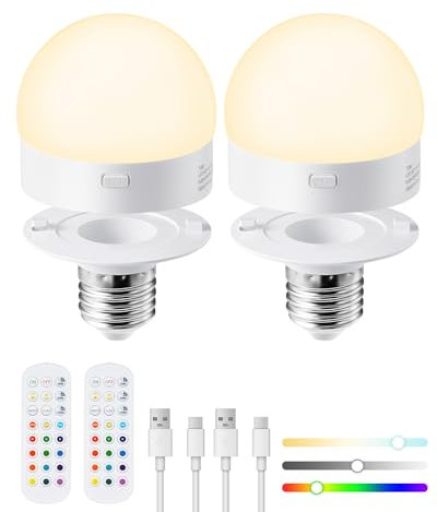EDISHINE USB-C Aufladbare Glühbirne mit Batterie, E27 Farbwechsel Akku Glühbirne mit Fernbedienung, Wiederaufladbare Birnen mit Timerfunktion, 3 Farbtemperaturen & RGB 12 Farben Dimmbar, 2 Stück