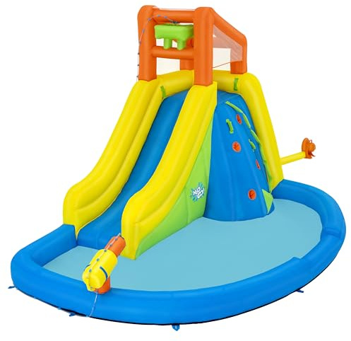 Bestway H2OGO! Mega-Wasserpark Wasserberg, 435 x 286 x 267 cm, für 5 Kinder, Rutsche, Kletterwand, Wasserkanone, Dauergebläse, PVC-beschichtetes Polyester, ab 5 Jahren, Tasche, Reparatur-Set