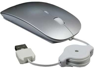 Souris Optique Filaire USB, Souris à Câble Rétractable, Réglage 800/1200/1600DPI, Souris Silencieuse pour Ordinateur Portables (Argent)