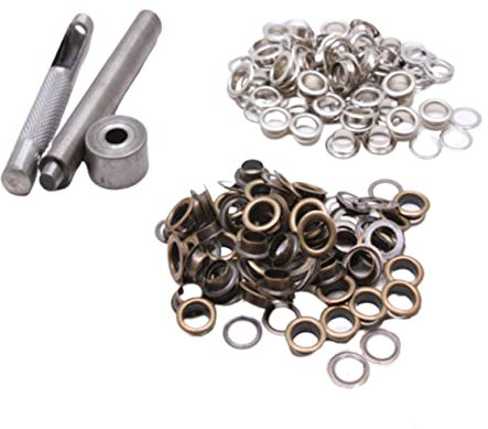Hohopeti 100pcs Eyelet Button Set Tools for Clothing and Crafts, 50 Silver 50 Antique Brass, 5mm Inner Diameter, Multipurpose Shoe Lace and Fabric Fasteners