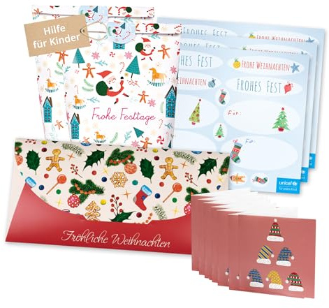 Unicef Geschenkverpackungs-Set | inkl. Weihnachtliche Sticker & Anhänger | Helfen Sie Kindern in Not: FSC-Papier, Sticker, Anhänger, Geschenktüte und Umschlag – Geschenkset Weihnachten