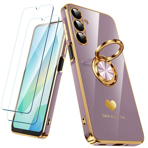 Nonional for Samsung Galaxy A16 5G/4G Case with 2 Pack Screen Protector, 360° Rotatable Ring Holder [Luxury Hearts Pattern] Plating Gold Edge Slim Soft Phone Cover Case for Galaxy A16 - Light Purple
