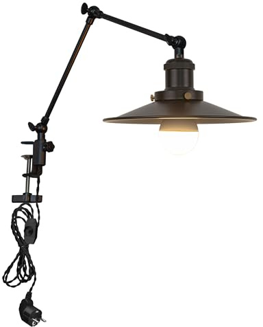 FSLiving Industrial Klemmleuchte mit 2,5 Schalterkabel, Einstellbar Clip auf Schreibtisch Leselampe,Dimmbar Clamp Nachttischlampe mit Flexarm für Schreibtisch Nachttisch Regal Schwarz- TD/2773