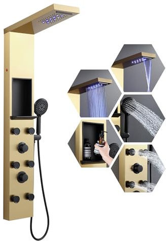 ROVATE LED Shower Panel Tower System with Shelf, Brushed Gold Rainfall Waterfall Shower Tower with 6 Angle Adjustable Body Jets, Self-Cleaning Handheld, Powerful Shower Column Stainless Steel