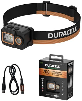 Duracell LED Stirnlampe DH700R Core – 700 Lumen, Digital-Fokus, bis 60 m Leuchtweite, Rotlichtfunktion, USB-C wiederaufladbar, Li-Po Akku, mehrere Lichtmodi, ergonomisch, IP54 spritzwassergeschützt