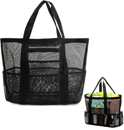 Senken XXL Netz Strandtasche für Sandspielzeug Reise Familienausflüge | Robustes wasserdurchlässiges Netzgewebe, faltbar. Geräumige XXL Netztasche für Strand, Camping, Fitness und Sandspielzeug.