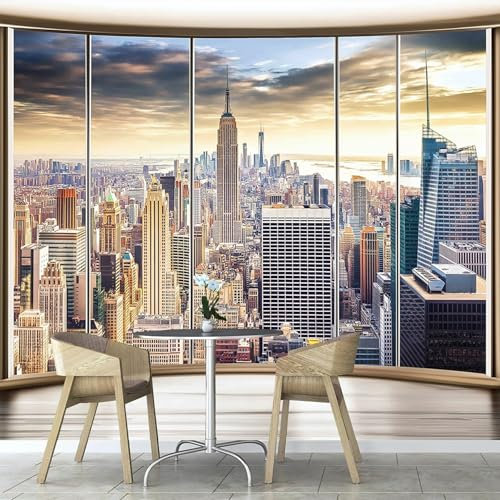 ANALTIRCE Papier Peint 3D Panoramique À L'Extérieur La Fenêtre La Ville 300×210cm,3D Ville Papier Peint Tissu de soie pour Chambre Salon Personnalisé Décoration Murale