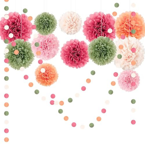 ROEOWENE 15PCS Pompons Papier de Soie Lanterne en Papier à Suspendre Boule Fleur Pompon Papier Guirlande de Pompons Anniversaire Décorations pour Décoration Suspendre de Plafond Fête,Mariage-Rose Vert