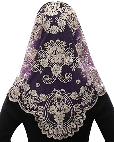 Bozidol Velo para Misa Católica, Mantilla de Encaje para Iglesia Española, Velos para Capilla, Accesorio para Cabeza Cristiana, Regalo (Púrpura-Dorado)