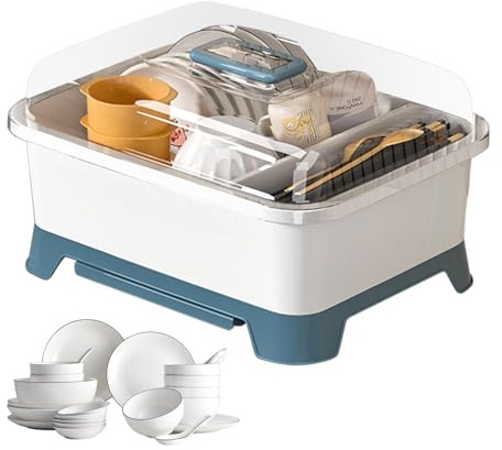 Estante de secado de platos con tapa - Organizador de bandeja de cocina y oblea, caja de almacenamiento multifuncional | Drenar cubiertos para encimera, soporte de botella de alla