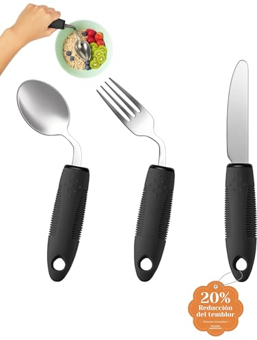 CuraVita Ensemble de Couverts Adaptés (3 Pièces) - Angle de 42°, Couverts Lestés 85g pour Parkinson, Tremblements et Arthrite - Aide à l'Alimentation Ergonomique Facile à Saisir (Droitier)