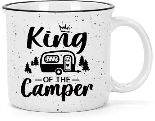 Joymaking Camping Geschenke Kaffee Tasse mit Spruch King of the Camper Wohnwagen Geschenke für Camper Camping Zubehör für Freund, 450ml Weiß
