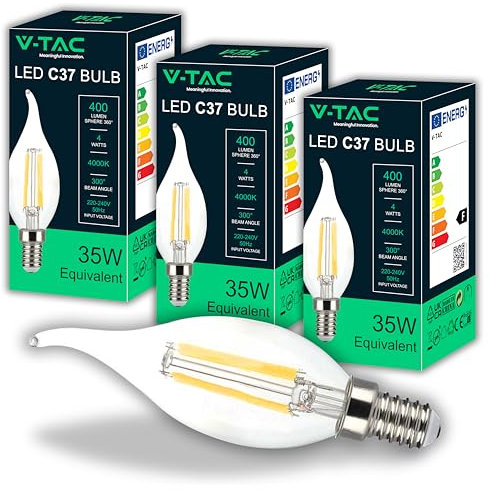 V-TAC 3x Ampoules LED Filament Bougie Flamme E14-4W (équivalent à 35W) 400 Lumen - 4000K Blanc Neutre - Ouverture du faisceau lumineux 180° - Ampoule Efficacité Maximale et Économie d'Énergie