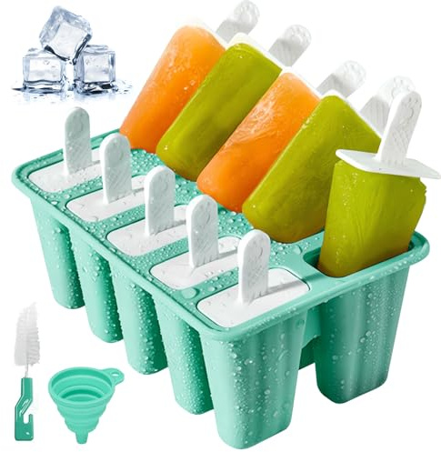 Eisformen Silikon Eis am Stiel, Grün, 10 Hohlräume | Wiederverwendbar, Mit Reinigungsbürste, Mit Falttrichter, Für Kinder und Erwachsene, DIY Eis Form Set