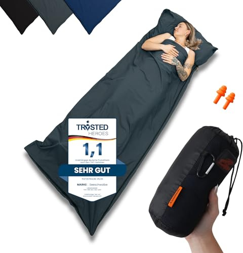 SEESCHWALBE Hüttenschlafsack Baumwolle - Hüttenschlafsack ultraleicht und ultradünn ohne Fütterung - Reiseschlafsack Kleines Packmaß als Inlett mit Kissenfach - Kompakt & Klein