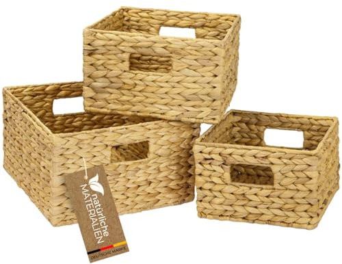 HMF Cesto portaoggetti, cesto intrecciato in giacinto d'acqua, quadrato | Set da 3 | 22 + 26 + 30 cm