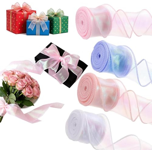 4 rullar 40 mm presentband, transparent band lila rosa kanel bröllop, skimrande organzaband, presentband brett ,chiffongband som presentdekoration, bröllop, inbjudningar, bukett, hantverk
