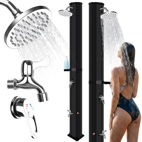 Qdreclod Solardusche 60 Liter, Gartendusche Aussendusche mit Duschkopf und Fußhahn, Ohne Stromanschluss, Warmes Wasser bis 60°C, Outdoordusche mit Gartenschlauch-Anschluss für Garten, Pool