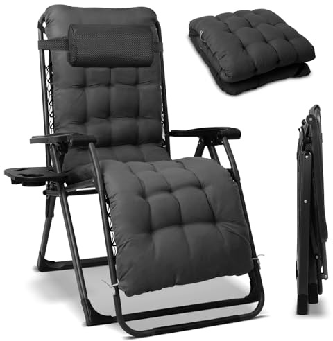 Homecall Liegestuhl Klappbar Gartenliege Sonnenliege Wetterfest mit Kissen Verstellbare Rückenlehne Zero Gravity Chair Relaxliege Bis 180 KG für Garten Terrasse Balkon XXL (1, Schwarz)
