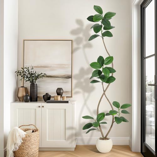 Garvee 210 cm Künstliche Pflanze Gummibaum mit Cremefarben Kugel Topf Pflanzer&Stein Fiddle Feigenbaum Indoor Künstlicher Baum hohe Pflanze gefälschte Baum Tropische große Boden Baum
